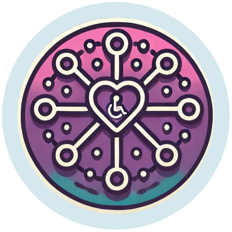 Icon of a wheelchair symbol in a heart, with a series of lines coming out from the heart to form a circle, representing inclusivity.